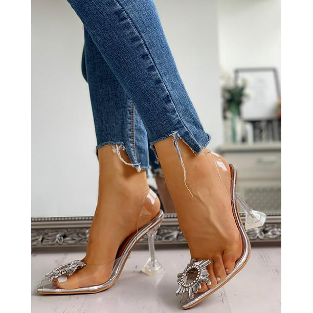 CAPE ROBBIN Womens Pointy Toe Stiletto Heel Glitter Rhinestone Crystal Embellished Pump Sandals 